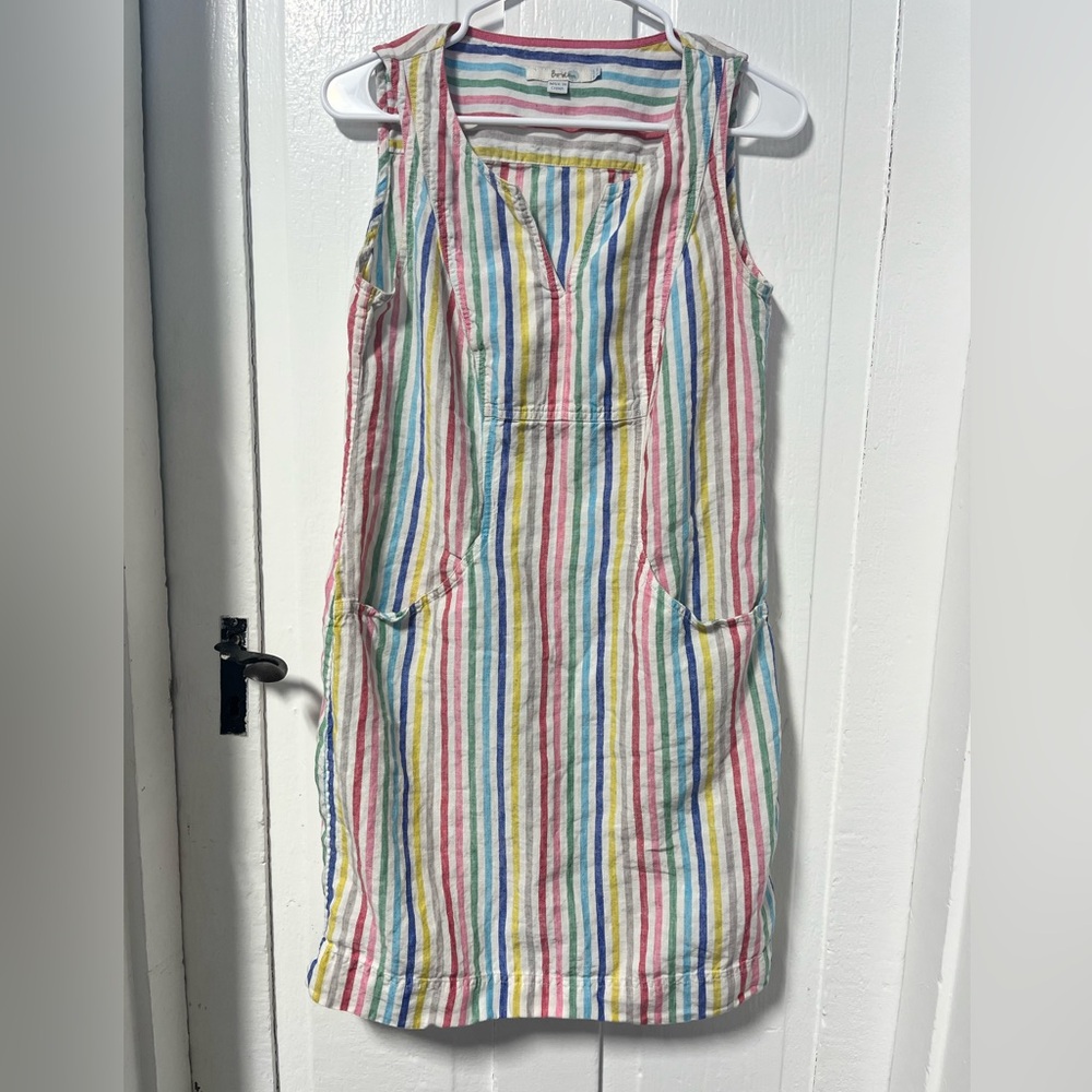 Boden Rainbow striped 100% Linen shift tank dress with front pockets size 8